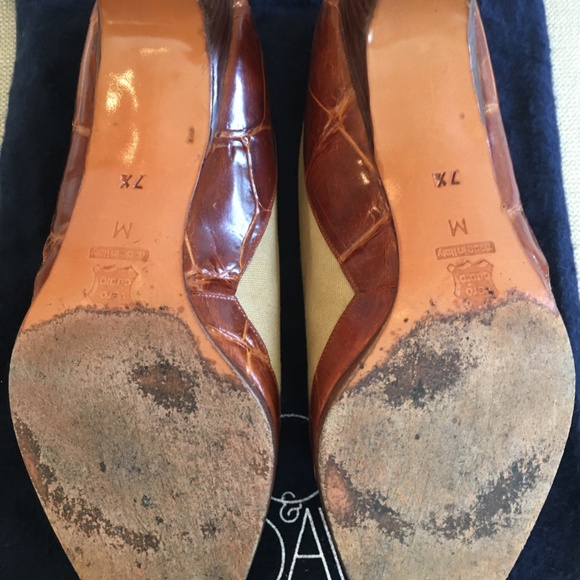 JOAN & DAVID COUTURE Spectator Pumps; Khaki Canvas & Brown Leather; 7-1/2 M - Picture 6 of 6